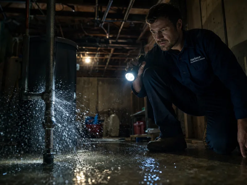 Emergency plumber responding to a burst pipe at night